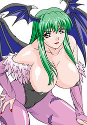 bat bats breasts cameltoe capcom cleavage clothing convenient_censoring darkstalkers demon_girl elbow_gloves erect_nipples erect_nipples_under_clothes gloves green_hair hair_over_breasts head_wings headwings large_breasts lipstick long_hair makeup morrigan_aensland nail_polish nipples pantyhose rudoni succubus wings yellow_eyes