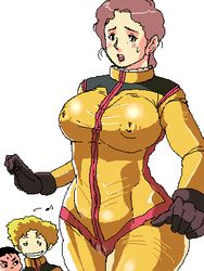 1girls bodysuit breasts brown_hair curvaceous earth_federation female gloves gundam human kamaria_ray large_breasts light-skinned_female light_skin married_woman mature mature_woman milf mobile_suit_gundam mokuzou_zabuton mother normal_suit pilot_suit short_hair solo_focus wide_hips