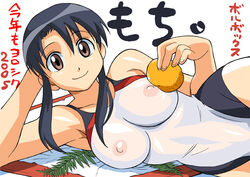 2005 arm_support armpits azumanga_daiou black_hair breast_press breasts brown_eyes cirima competition_swimsuit erect_nipples female female_only food fruit hips holding holding_fruit human kagami_mochi kotoyoro large_breasts lying new_year nipples nyamo_minamo_kurosawa on_side one-piece_swimsuit orange pink_eyes see-through skin_tight smile solo swimsuit translation_request volvox white_background wide_hips