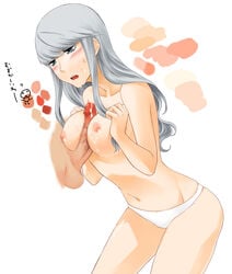 1boy 1girls almost_naked blush cum_on_face grey_eyes grey_hair long_hair medium_breasts megami_tensei narukami_yu nude panties partially_clothed persona persona_4 rule_63 seta_souji straight tagme titfuck