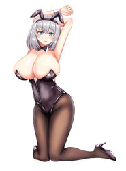 arms_behind_head arms_up big_breasts black_bowtie black_high_heels black_leotard black_pantyhose blue_eyes blush bowtie breasts bunny_costume bunny_ears bunny_girl bunnysuit closed_mouth comotaro covered_navel covered_nipples eyebrows_visible_through_hair eyelashes female female_focus female_only high_heels leotard mouth_closed oerba_yun_fang on_knees pantyhose playboy_bunny posing shiny_skin short_hair silver_hair simple_background solo solo_female solo_focus tejina_senpai tejina_senpai_(character) thighs white_background