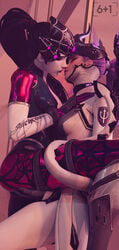 2girls 3d carrying clothed female female_only highres imminent_kiss imminent_sex imp_mercy kiss mercy overwatch purple_skin sixplusone spider_widowmaker widowmaker yuri