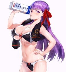 1girls bb_(fate) belly bikini blush bra breasts cleavage commentary fate/grand_order fate_(series) female female_only hair_ribbon huge_breasts large_breasts lingerie long_hair looking_at_viewer mhk_(mechamania) milk milk_carton navel panties purple_eyes purple_hair red_ribbon ribbon simple_background solo standing swimsuit towel very_long_hair