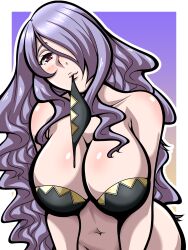 1girls bare_shoulders black_panties bottomless bra breasts camilla_(fire_emblem) cleavage collarbone female female_only fire_emblem fire_emblem_fates hair_over_one_eye horns inabakun00 long_hair long_purple_hair looking_at_viewer mouth_hold nintendo panties panties_in_mouth pink_eyes purple_hair purple_hair_over_one_eye smile solo underwear very_long_hair