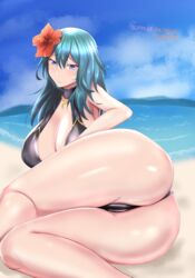 1girls alternate_costume ass beach big_ass bikini black_bikini blue_hair byleth_(fire_emblem) byleth_(fire_emblem)_(female) byleth_(summer)_(fire_emblem)_(female) cameltoe cleavage fire_emblem fire_emblem:_three_houses fire_emblem_heroes huge_ass large_ass large_breasts long_hair looking_at_viewer nintendo outdoors partially_visible_vulva smile solo suppuri teal_hair