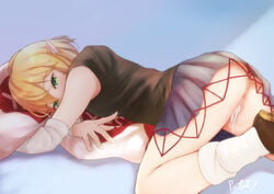 1girls absurdres after_sex anus ass blonde_hair cum cum_in_pussy cum_inside elf female female_only green_eyes highres mizuhashi_parsee pointy_ears skirt socks touhou uncensored withpote