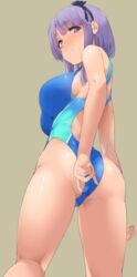 1girls 2015 ass ass_focus bare_shoulders big_breasts blue_eyes blue_swimsuit blush breasts cameltoe competition_swimsuit dagashi_kashi eyebrows_visible_through_hair eyelashes female female_focus female_only looking_at_viewer looking_down low-angle_view minakami nail_polish nails one-piece_swimsuit purple_hair red_nail_polish red_nails ringed_eyes shidare_hotaru shiny_skin short_hair sideboob simple_background smile solo solo_female solo_focus sport_swimsuit standing swimsuit swimsuit_pull tight_clothing tight_fit