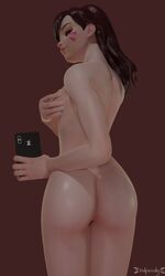 3d 5:8 alternate_version_available asian asian_female ass blender brown_eyes brown_eyes_female brown_hair brown_hair_female covering covering_breasts d.va english_text from_behind holding_phone looking_at_viewer naked nipple_slip nude nude_female overwatch phone presenting presenting_ass presenting_hindquarters selfie short_brown_hair short_hair short_hair_female showing_ass smile smiling_at_viewer snapchat solo text topless touching_breast touching_self undressed vulpeculy white_skin