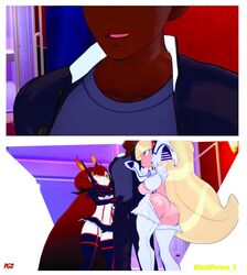 3d 3d_(artwork) blackflames3 blonde_hair boots costume_switch crossover dark-skinned_male dark_skin digital_media_(artwork) disney disney_channel gravity_falls hekapoo hi_res interracial junketsu kill_la_kill kiryuuin_satsuki_(cosplay) matoi_ryuuko_(cosplay) pacifica_northwest red_hair senketsu star_vs_the_forces_of_evil straight_hair