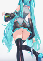 1girls ass ass_focus bare_shoulders big_ass black_footwear black_skirt blue_hair blue_nails boots bubble_butt detached_sleeves female female_only from_behind from_below grey_background grey_shirt hair_ornament hatsune_miku highres long_hair long_sleeves mhk_(mechamania) nail_polish panties panties_around_leg panties_down pleated_skirt pulling_panties removing_underwear shirt simple_background skirt solo striped striped_panties thigh_boots thighhighs thighs twintails underwear very_long_hair vocaloid wide_sleeves