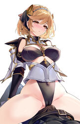 1boy aki663 armor bangs belt belt_buckle blonde_hair blue_hairband blush braid breasts buckle bulge cameltoe covered_navel covered_nipples cowgirl_position crown_braid djeeta_(granblue_fantasy) erection erection_under_clothes eyebrows_visible_through_hair female granblue_fantasy grinding hairband highleg highres large_breasts looking_down parted_lips partially_visible_vulva red_eyes revealing_clothes short_hair shoulder_armor simple_background solo_focus spread_legs straight thighs white_background