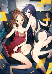 10s 2girls ass babydoll barefoot black_eyes black_hair black_panties blush breasts brown_eyes brown_hair butt_crack couch door dress feet guilty_crown hand_holding hands_clasped headgear highres holographic_interface holster interlocked_fingers legs_folded long_hair long_legs looking_at_viewer looking_back medium_breasts mhk_(mechamania) multiple_girls nail_polish open_mouth panties perspective purple_eyes red_dress red_skirt shinomiya_ayase sitting skirt sleepwear small_breasts smile soles toes tsugumi_(guilty_crown) underwear