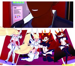 3d 3d_(artwork) blackflames3 blonde_hair boots costume_switch crossover dark-skinned_male dark_skin digital_media_(artwork) disney disney_channel gravity_falls hekapoo hi_res high_heel_boots high_heels interracial junketsu kill_la_kill kiryuuin_satsuki_(cosplay) matoi_ryuuko_(cosplay) pacifica_northwest red_hair senketsu star_vs_the_forces_of_evil straight_hair