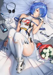 ankle_boots bangs bare_shoulders blue_hair boots bouquet breasts bridal_veil cassette_player clothing dress eye_patch eyepatch female finger_to_mouth flower gloves headphones highres interface_headset looking_at_viewer lying medium_breasts mhk_(mechamania) neon_genesis_evangelion on_back parted_lips red_eyes rei_ayanami short_hair side_cutout sleeveless sleeveless_dress solo stockings thick_hips thick_thighs thighhighs thighs veil white_dress white_footwear white_gloves white_legwear