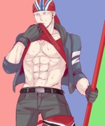 1boy belt billy_kane bojutsu_stick cyan_eyes fatal_fury human human_only jacket jeans king_of_fighters makeinu male male_only muscular muscular_male shirt_lift snk solo_male sweating