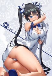 10s ass black_hair blue_eyes breasts bubble_butt cleavage cleavage_cutout clothing_cutout covered_erect_nipples dress dungeon_ni_deai_wo_motomeru_no_wa_machigatteiru_darou_ka female female_focus gloves hair_ribbon hestia_(danmachi) highres huge_ass large_breasts long_hair mhk_(mechamania) open_mouth panties pantyshot rei_no_himo ribbon sandals solo tears twintails underwear upskirt white_dress white_gloves white_panties