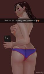 3:4_ratio 3d alternate_version_available artist_name asian asian_female ass blender brown_eyes brown_eyes_female brown_hair brown_hair_female covering covering_breasts d.va english_text from_behind holding_phone looking_at_viewer looking_back looking_back_at_viewer nipple_slip overwatch panties panties_only phone presenting presenting_hindquarters presenting_panties questionable selfie short_brown_hair short_hair_female smile smiling_at_viewer snapchat solo text topless topless_female touching_breast touching_self vulpeculy white_skin