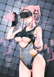 bare_shoulders black_gloves blue_hair breasts collarbone cowboy_shot double_bun female gloves gluteal_fold gradient_hair groin head_mounted_display highres holographic_interface horny medium_breasts mhk_(mechamania) multicolored_hair open_mouth original parted_lips pink_hair purple_hair single_glove solo standing underboob wire