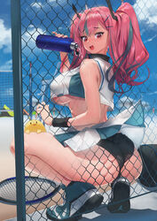 against_fence ass azur_lane bare_shoulders beach blurry bottle bow breasts bremerton_(azur_lane) bremerton_(scorching-hot_training)_(azur_lane) chain-link_fence covered_erect_nipples crop_top crop_top_overhang day depth_of_field female fence full_body grey_hair hair_between_eyes hair_ornament hairbow hairclip heart heart_necklace highres large_breasts long_hair looking_back mhk_(mechamania) multicolored_hair nipple_bulge open_mouth outdoors pink_eyes pink_hair pulled_by_another shirt sidelocks skindentation skirt skirt_pull sleeveless sleeveless_shirt sportswear squatting streaked_hair tennis_uniform two-tone_shirt two-tone_skirt underboob water_bottle x_hair_ornament