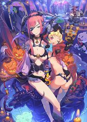 3girls anatomical_nonsense ass bad_anatomy bat blonde_hair blue_eyes breasts butler candle cleavage crown eyepatch frankenstein's_monster ghost halloween hat highres hood hoodie jack-o'-lantern large_breasts mask mecha_musume mhk_(mechamania) multiple_girls navel original pink_eyes pink_hair pumpkin ribbon scythe short_hair shorts small_breasts smile staff table thighhighs torn_clothes unzipped white_legwear wink witch_hat