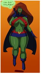 1girls alien alien_girl annon bimbo breasts cape dc dc_comics eyeshadow freckles green_skin huge_breasts lipstick long_hair looking_at_viewer makeup megan_morse miss_martian nipple_bulge red_hair skimpy slap solo speech_bubble text thick_lips thick_thighs voluptuous wide_hips young_justice