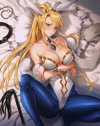 ahoge animal_ears artoria_pendragon artoria_pendragon_(lancer) artoria_pendragon_(swimsuit_ruler) ass asymmetrical_bangs bangs bare_shoulders blonde_hair blue_legwear blush braid breast_hold breasts bunny_ears chains choker cleavage clothing_cutout collar collarbone crown detached_collar fake_animal_ears fate/grand_order fate_(series) female fishnet_pantyhose fishnets fur green_eyes half-closed_eyes high_ponytail highleg highleg_leotard highres large_breasts leotard lips long_hair looking_at_viewer lying mhk_(mechamania) navel navel_cutout necktie no_shoes pantyhose parted_lips pillow playboy_bunny ponytail solo spread_legs strapless strapless_leotard wing_collar