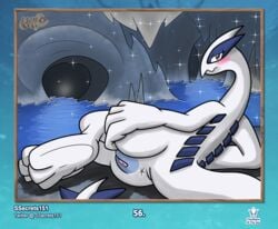 absurd_res anus blush cave cavern female feral genitals hi_res legendary_pokémon looking_at_viewer looking_back lugia lying nintendo on_side pinup pokemon pokemon_(species) pose pussy solo ssecrets151 video_games water