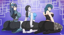 3girls alternate_ass_size ass big_ass blue_eyes blue_hair bottom_heavy bubble_butt byleth_(fire_emblem) byleth_(fire_emblem)_(female) clothed clothing crossover dat_ass fair_skin female female_only fire_emblem fire_emblem:_three_houses fire_emblem_awakening fully_clothed grey_hair grin huge_ass huge_breasts human human_only kneeling large_ass large_breasts leggings light-skinned_female long_hair looking_at_viewer looking_back lucina_(fire_emblem) medium_hair multiple_girls nintendo on_knees ponytail seductive seductive_smile shorts sideboob sitting sitting_on_knees smelly_ass smile super_smash_bros. sweatpants teal_hair thick_thighs ultiblackfire wide_hips wii_fit wii_fit_trainer