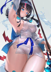 areola_slip areolae arm_up armpits bangs bare_shoulders black_hair blue_eyes blue_ribbon blush breasts closed_mouth collarbone covered_erect_nipples dress fate/grand_order fate/requiem fate_(series) female fundoshi highres japanese_clothes jewelry large_breasts long_sleeves looking_at_viewer magatama magatama_hair_ornament medium_hair mhk_(mechamania) multicolored_hair necklace nipple_bulge pelvic_curtain pink_hair polearm puffy_long_sleeves puffy_sleeves ribbon see-through see-through_panties short_dress sideboob sideless_outfit spear streaked_hair thighs utsumi_erice water weapon wet wet_clothes white_dress