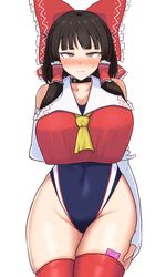 annoyed blue_swimsuit blush breasts brown_hair collar competition_swimsuit condom_wrapper gloves large_breasts midarin one-piece_swimsuit reimu_hakurei swimsuit swimsuit_under_clothes thighhighs touhou