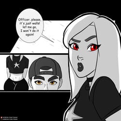 arrested black_and_white brown_eyes choker clothed clothing comic driving female fortnite fortnite:_battle_royale handcuffed handcuffs hat haze_(fortnite) page_1 police red_eyes tagme talking_to_partner text text_bubble tyrana