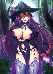 1girls absurdres curvy dark_mage_(monster_girl_encyclopedia) female hat highres large_breasts long_hair long_sleeves monster_girl_encyclopedia nature navel open_mouth purple_hair revealing_clothes solo staff standing thighhighs tree winking witch_hat yellow_eyes