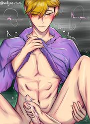 abs atsumu_miya biting_lip blush cum dyed_hair haikyuu!! hand_on_penis hand_on_thigh handjob heart hoodie legs_apart lifting_clothing male nipples one_eye_closed penis purple_hoodie sakusa_kiyoomi saliva shivering thighs two_tone_hair wink