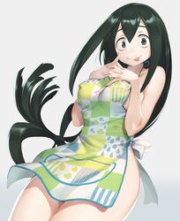 10s animal_print apron bangs breasts commentary covered_erect_nipples cowboy_shot female fingernails frog_girl frog_print green_apron green_eyes green_hair hair_between_eyes hair_rings highres large_breasts long_fingernails long_hair looking_at_viewer mhk_(mechamania) my_hero_academia naked_apron nipple_bulge simple_background thick_thighs tongue tongue_out tsuyu_asui wide_hips