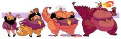 2018 absurd_res barrel bartok_the_magnificent belly big_belly big_breasts blonde_hair breasts cleavage clothed clothing don_bluth dragon fat female female_only fire hair hi_res horn huge_belly huge_breasts huge_thighs larger_female ludmilla_(bartok) overweight overweight_female purple_body ripping ripping_clothing scalie simple_background size_difference sweatpants_(artist) thick_tail thick_thighs tongue transformation weight_gain wide_hips