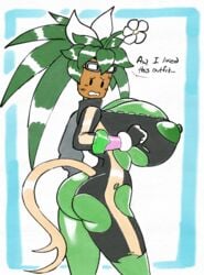 1girls angstrom anthro ass ass_focus big_breasts blaster_master blaster_master_zero_2 breasts breasts_out female female_only flora_fauna flower flower_on_head goggles goggles_on_head green_hair green_skin hyper hyper_breasts kanna_(blaster_master) leaf_hair mob_face nipples plant plant_girl plantie shiny_skin simple_background tail torn_bodysuit torn_clothes