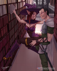 adventurer big_ass big_butt boner boner_in_pants clothed costume elf elf_ears elf_female female library pointy_ears pushing sayuridrawsthings sword teasing witch