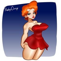 1girls ass ass_up big_ass big_breasts big_butt blue_eyes breasts female female_only red_dress red_hair red_hot_riding_hood red_lipstick roby_creep short_hair