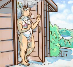 1boy anthro antlers balls belly bodily_fluids capreoline cervid cervine digital_media_(artwork) flaccid genitals gesture hair horn housamo humanoid_genitalia humanoid_hands humanoid_penis kemono lavilovi looking_at_viewer male male_only mammal nude open_mouth outside penis reindeer sauna smile solo steam sweat tokyo_afterschool_summoners video_games waving yule_(tokyo_afterschool_summoners)