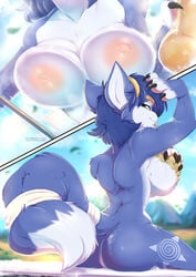 absurd_res anthro areola blue_body blue_eyes blue_fur blue_hair breasts canid canine claws day detailed_background eyebrows eyelashes female fox fur hair hi_res krystal mammal nintendo nipples nude outside paws rainbowscreen sky smile star_fox tongue video_games