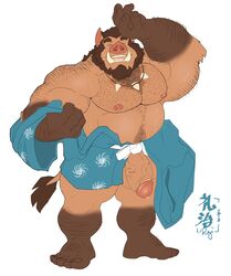 10s 2018 5_fingers 5_toes absurd_res anthro arm_hair asian_clothing balls bara beard big_muscles big_penis bodily_fluids body_hair broody brown_body brown_fur brown_hair brown_penis champagnecub chest_hair closed_eyes clothing east_asian_clothing eyebrows facial_hair feet fingers fur genital_fluids genitals glans hair happy_trail hi_res humanoid_feet humanoid_genitalia humanoid_hands humanoid_penis japanese_clothing jewelry leg_hair male musclegut muscular muscular_anthro muscular_male necklace nipples penis pink_glans pink_nipples pink_nose plantigrade precum simple_background solo standing sweat thick_eyebrows toes tusks undressing vein veiny_penis white_background yukata