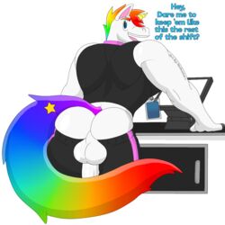 anthro balls clothed clothing dave_(character) dialogue equid equine exhibitionism genitals hair horn male mammal multicolored_hair muscular notkastar pants_down partially_clothed rainbow signature smile solo standing text unicorn