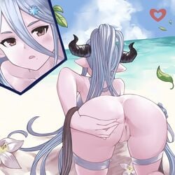 all_fours anus ass back bangs bare_shoulders beach blue_sky blush bottomless breasts brown_eyes draph female flower granblue_fantasy hair_between_eyes hair_ornament hand_on_own_ass highres iiros izmir_(granblue_fantasy) large_breasts leaf long_hair looking_at_viewer mole mole_under_mouth open_mouth pointy_ears ponytail presenting pussy silver_hair sky snowflake_hair_ornament swimsuit thigh_strap thighs very_long_hair white_swimsuit