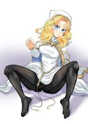 1girls big_breasts blonde_hair blue_eyes fire_emblem fire_emblem:_the_sacred_stones leggings long_hair looking_at_viewer natasha_(fire_emblem) nintendo pantyhose partially_visible_vulva simple_background sitting smile solo solo_female spread_legs the_land_druid wavy_hair white_background