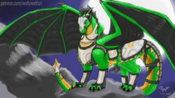 1boy akeroh armor bed belly black_claws black_fin black_horn black_wings blue_eyes claws curved_horn digital_media_(artwork) digitigrade diphallia diphallism dragon feral fin furniture genitals green_body green_scales horn male male_focus male_only membrane_(anatomy) membranous_wings multi_penis multicolored_body paws penis scales solo solo_focus two_tone_paws wings wolfywetfurr_(artist) yellow_belly yellow_body yellow_scales