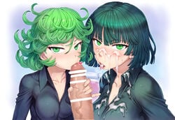 1boy 2021 2girls after_orgasm bangs blush censor_bar censored censored_penis cum cum_on_body cum_on_clothes cum_on_face cum_on_tongue curly_hair dark_green_hair earrings fellatio female ffm_threesome fubuki_(one-punch_man) green_eyes green_hair hair_between_eyes heart light-skinned_female light-skinned_male light_skin looking_at_viewer male mogudan multiple_girls one-punch_man oral penis pov shimaidon short_green_hair short_hair siblings sisters straight tatsumaki threesome tongue_out veiny_penis