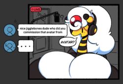 ampharos anthro big_breasts chat dewbber fluffy_hair furry headset livestream mega_ampharos mega_evolution microphone mob_face nintendo pokémon_(species) pokemon pokemon_(species) streamer text_bubble video_games