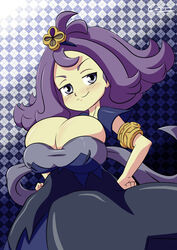 1girls acerola_(pokemon) alternate_breast_size breast_expansion breasts cleavage elite_four huge_breasts human nintendo pokemon pokemon_sm purple_hair smug smug_face soreavacado trial_captain