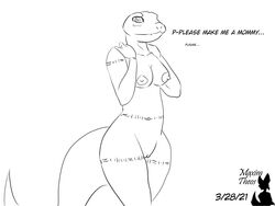 anthro begging black_and_white blush crusch_lulu dialogue female hi_res lizard lizardman_(overlord) maxim_theos monochrome overlord_(maruyama) reptile scalie slim solo