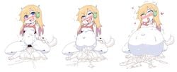 1boy 1boy1girl 1girls anthro balls belly big_balls big_belly blonde_hair blue_eyes blush bodily_fluids bottomless breasts cave_story clothed clothing colons_(cave_story) cum curly_brace duo female genital_fluids genitals hair heart hi_res hyper hyper_belly inflation lagomorph machine male male/female mammal mimiga mostly_nude nipples penis robot shirt silver_bell_(artist) simple_background topwear video_games white_background white_body wide_hips